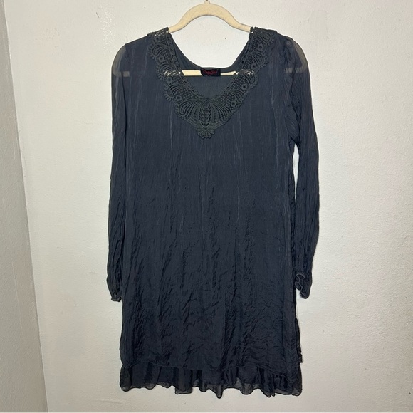 Carla Conti Gray Silk Ruffled Tiered Long Sleeve Dress Medium - Picture 1 of 8